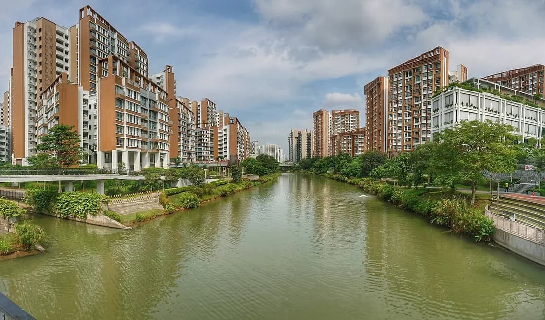 Real HDB homes and landscaped paths along Punggol Waterway, Singapore