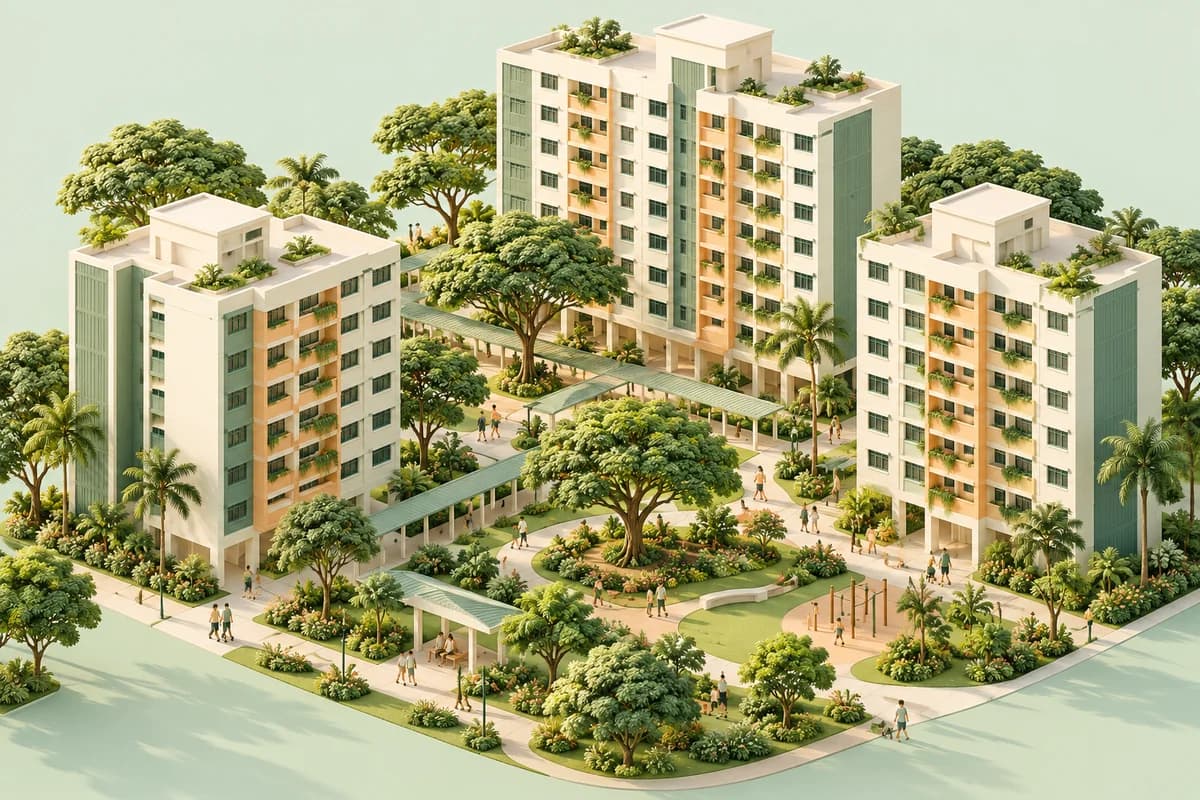 Illustration of an HDB neighbourhood with shared gardens and sheltered walkways